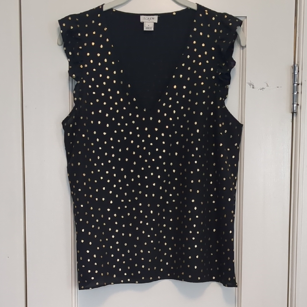 J. Crew Black Sleeveless Blouse with Gold Polka Dots Sz M